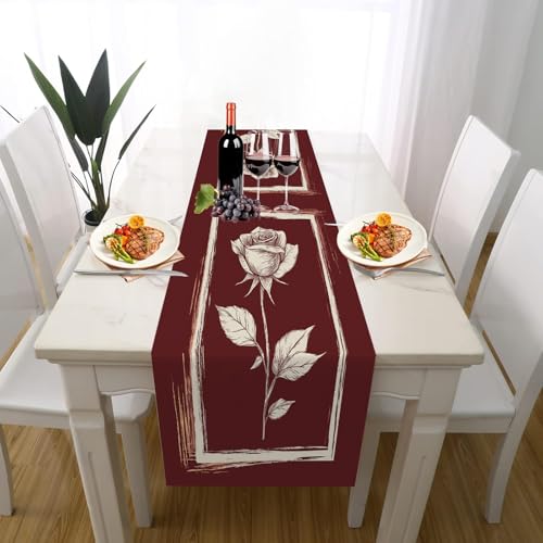 Blumen Rose Tischläufer Outdoor Hochzeitsdeko, Retro Blatt Malerei Pflanze Tischdeko Waschbar für Einschulung Deko Couchtisch Küche Esstisch Dekoration für Zuhause 30 x 180 cm von Gaqinhh