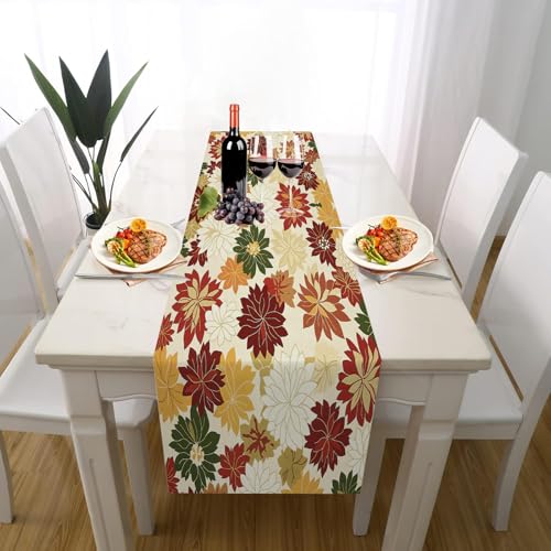 Blumenpflanzen Geblümt Tischdeko Outdoor Sommer Deko, Herbst Dahlie Botanisch Chrysantheme Tischläufer Waschbar für Einschulung Deko Couchtisch Küche Esstisch Dekoration für Zuhause 33 x 183 cm von Gaqinhh