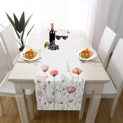 Blumenpflanzen Mohn Tischläufer Outdoor Waschbar Extralang, Aquarell Wildblumen Botanisch Pflanze Tischdeko für Einschulung Deko Couchtisch Küche Esstischv Dekoration für Zuhause 30 x 140 cm von Gaqinhh