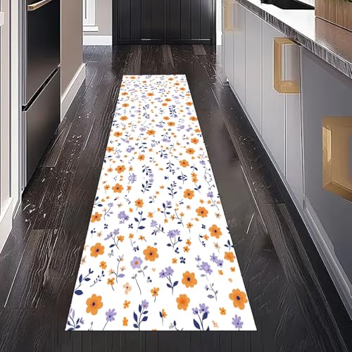 Blumenwiese Botanische Blätter Teppich Läufer Flur Küche Waschbar Rutschfest 60x150 cm, Rustikal Pastoral Blumen Teppiche für Bettumrandung Schlafzimmer Teppichläufer für Küchenläufer Eingangsbereich von Gaqinhh
