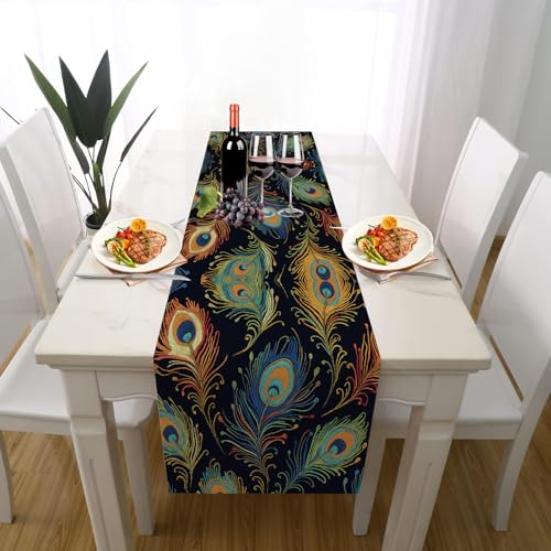 Boho Pfauenfedern Tischläufer Geburtstag Partydeko, Exotisch Feder Wildtiere Pfau Tischdeko Outdoor Sommer Deko für Einschulung Deko Couchtisch Küche Esstischv Dekoration für Zuhause 40 x 180 cm von Gaqinhh