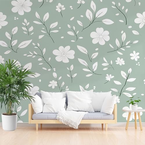 Boho Weiße Blumen Tapeten Wandtapete, Retro Blüten Vliestapete Badezimmer Wasserfest, Pflanzen Weinblätter Fototapete Schlafzimmer Kinderzimmer Wohnzimmer Abwaschbar Tapete 250 x 175 cm (B x H) von Gaqinhh