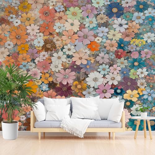 Bunt Blüten Vliestapete Abwaschbar, Rustikal Pastoral Floral Fototapete 3d Effekt, Botanische Blumen Tapete Badezimmer Wasserfest Wohnzimmer Kinderzimmer Tapeten Vliestapete 450 x 315 cm (B x H) von Gaqinhh