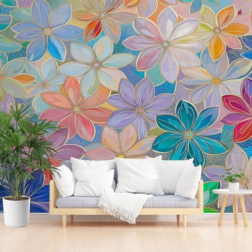 Bunt Blumenmuster Fototapete 3d Effekt, Aquarell Blüten Wandtapete Wasserfest, Rustikal Pastoral Floral Vliestapete Kinderzimmer Mädchen Jungen Wohnzimmer Abwaschbar Tapete 300 x 210 cm (B x H) von Gaqinhh