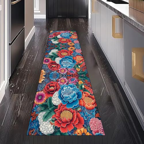 Bunt Pfingstrose Blumen Teppich Läufer Flur Küche Waschbar Rutschfest 60x150 cm, Rustikal Pastoral Floral Teppiche für Bettumrandung Schlafzimmer Teppichläufer für Küchenläufer Eingangsbereich von Gaqinhh