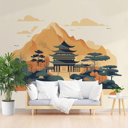 Chinesische Architektur Fototapete Wohnzimmer, Landschaftsmalerei Tapete Abwaschbare, Berg Baum Vliestapete Schlafzimmer Kinderzimmer Küche 3D Tapete Wasserfest 400 x 280 cm (B x H) von Gaqinhh