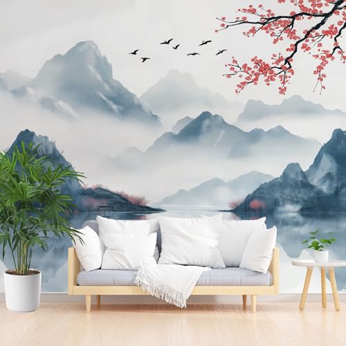 Chinesische Malerei Vliestapete Abwaschbar, Berge Wasser Natur Landschaft Fototapete 3d Effekt, Vintage Ethnische Tapete Badezimmer Wasserfest Wohnzimmer Tapeten Vliestapete 450 x 315 cm (B x H) von Gaqinhh