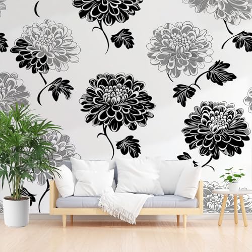 Chrysantheme Blumen Fototapete Schlafzimmer, Schwarz Weiß Blüten 3D Tapete Vliestapete, Pastoral Floral Tapeten Wohnzimmer Kinderzimmer Abwaschbare Tapete Wasserfest 350 x 256 cm (B x H) von Gaqinhh