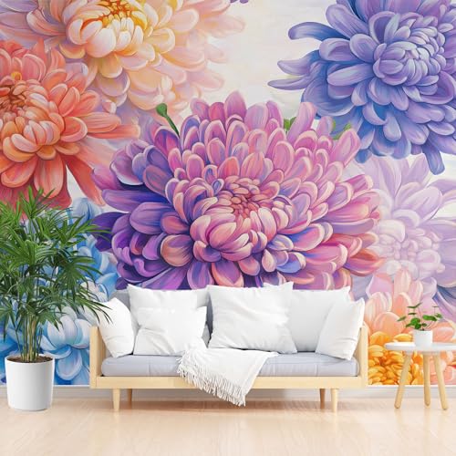 Chrysantheme Blumen Tapete Badezimmer Wasserfest, Vintage Blumenmuster Fototapete Schlafzimmer, Rustikal Pastoralen Tapeten Vliestapete Kinderzimmer Wohnzimmer Abwaschbar Tapete 200 x 140 cm (B x H) von Gaqinhh