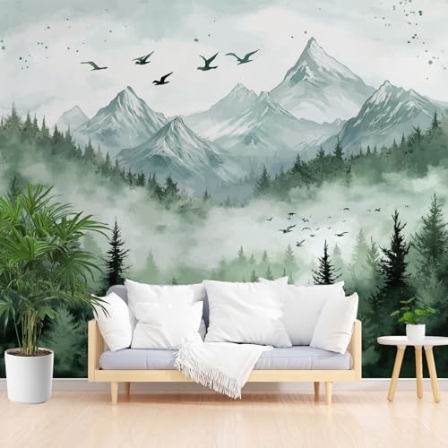 Dschungel Vögel Berge Fototapete Wohnzimmer, Natur Gebirge Landschaft Tapete Abwaschbare, Aquarell Nebelwald Vliestapete Schlafzimmer Kinderzimmer Küche 3D Tapete Wasserfest 400 x 280 cm (B x H) von Gaqinhh