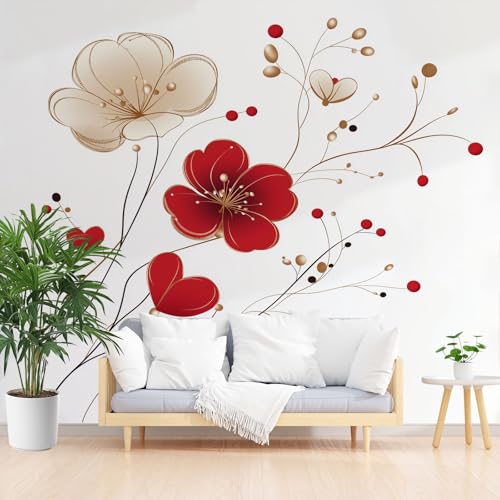 Elegant Blumen Fototapete Wohnzimmer, Liebe Herz Floral Tapete Abwaschbare, Rot Blüten Botanische Vliestapete Schlafzimmer Kinderzimmer Küche 3D Tapete Wasserfest 400 x 280 cm (B x H) von Gaqinhh