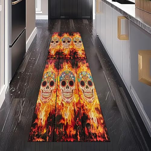 Flamme Zuckerschädel Teppich Läufer Flur Küchenteppich Waschbar rutschfest 60x120 cm, Gotisch Blumen Schädel Teppichläufer für Bettumrandung Schlafzimmer Küchenläufer Eingangsbereich Flamme Zuckerschädel Teppich Läufer Flur Küchenteppich Waschbar rutschfest 60x120 cm, Gotisch Blumen Schädel Teppichläufer für Bettumrandung Schlafzimmer Küchenläufer Eingangsbereich von Gaqinhh