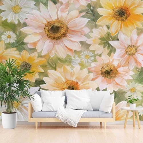 Gänseblümchen Blumen Vliestapete Abwaschbar, Vintage Blumenmuster Fototapete 3d Effekt, Pflanzen Blüten Blätter Tapete Badezimmer Wasserfest Wohnzimmer Tapeten Vliestapete 450 x 315 cm (B x H) von Gaqinhh