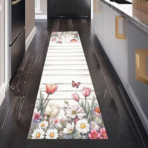 Gänseblümchen Schmetterling Blumen Teppichläufer Küchenteppich Waschbar Rutschfest 80x150 cm, Bauernhaus Holzmaserung Teppich für Bettumrandung Schlafzimmer Flur Eingangsbereich Wohnzimmer Küche von Gaqinhh