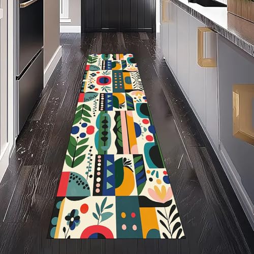 Gaqinhh Abstrakt Geometrisch Teppichläufer Waschbar rutschfest 60x180 cm, Mid Century Pflanzen Blätter Küchenteppich Teppich Bettumrandung Schlafzimmer für Flur Eingangsbereich Wohnzimmer Teppiche von Gaqinhh