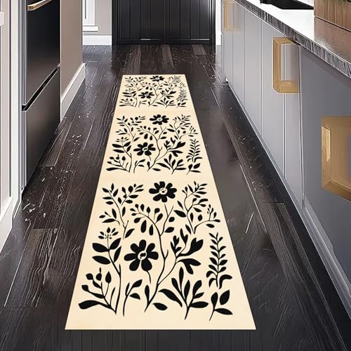 Gaqinhh Abstrakt Schwarz Blumen Teppich Läufer Flur Küche Waschbar rutschfest 60x150 cm, Pflanzen Blätter Floral Teppiche für Bettumrandung Schlafzimmer Teppichläufer für Küchenläufer Eingangsbereich von Gaqinhh