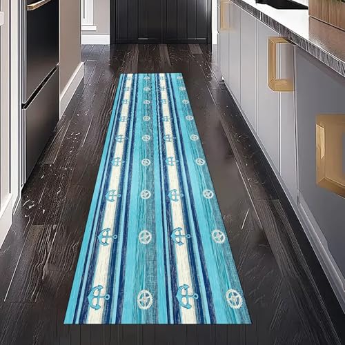 Gaqinhh Anker Blau Streifen Teppich Läufer Küchenteppich Waschbar rutschfest 60x300 cm, Nautisches Thema Teppichläufer für Küche Flur Eingangsbereich Bettumrandung Schlafzimmer Wohnzimmer von Gaqinhh