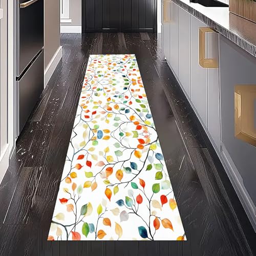 Gaqinhh Aquarell Pastoral Blatt Teppich Läufer Flur Küchenteppich Waschbar rutschfest 60x120 cm, Bunt Blätter Rebe Teppichläufer für Bettumrandung Schlafzimmer Küchenläufer Eingangsbereich von Gaqinhh