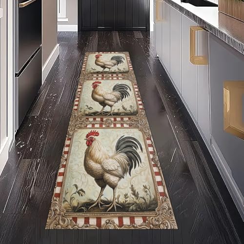 Gaqinhh Bauernhaus Huhn Tiere Teppich Läufer für Küchenteppich Schlafzimmer Wohnzimmer, Vintage Rustikal Teppichläufer Waschbar rutschfest für Flur Eingangsbereich Bettumrandung 80x200 cm von Gaqinhh