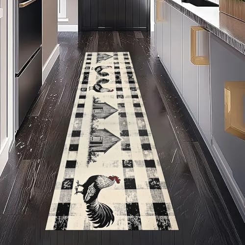 Gaqinhh Bauernhaus Huhn Tiere Teppichläufer Waschbar rutschfest 60x180 cm, Geometrie Streifen Plaid Küchenteppich Teppich Bettumrandung Schlafzimmer für Flur Eingangsbereich Wohnzimmer Teppiche von Gaqinhh