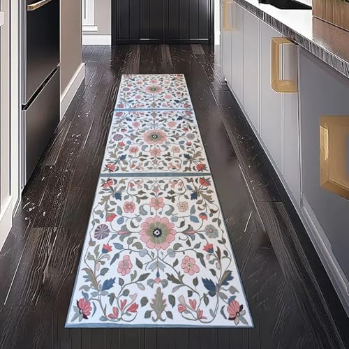 Gaqinhh Bohemian Blumen Botanische Teppich Läufer Flur Küche Waschbar rutschfest 80x300 cm, Floral Rebe Blätter Teppichläufer für küchenteppich Eingangsbereich Bettumrandung Schlafzimmer Wohnzimmer von Gaqinhh