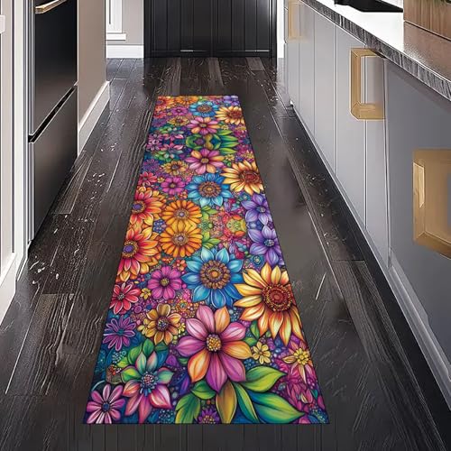 Gaqinhh Bunt Blumen Teppich Läufer für Schlafzimmer Wohnzimmer, Rustikal Pastoral Floral Teppichläufer Waschbar rutschfest für Küche Flur Eingangsbereich Bettumrandung Teppiche 60x240 cm von Gaqinhh