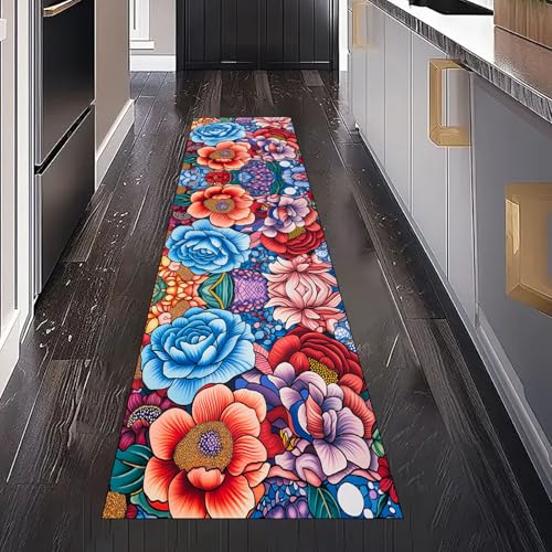 Gaqinhh Bunt Pfingstrose Blumen Teppich Läufer Flur Küche Waschbar rutschfest 80x300 cm, Rustikal Pastoral Floral Teppichläufer für küchenteppich Eingangsbereich Bettumrandung Schlafzimmer Wohnzimmer von Gaqinhh