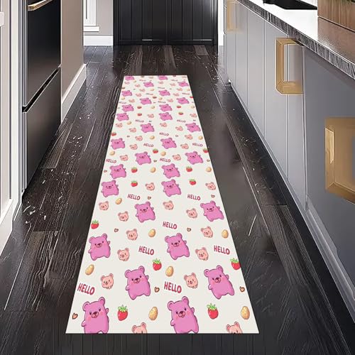 Gaqinhh Cartoon Bär Niedlich Tier Teppich Läufer Flur Küchenteppich Waschbar rutschfest 60x120 cm, Kinder Erdbeere Teppichläufer für Bettumrandung Schlafzimmer Küchenläufer Eingangsbereich von Gaqinhh