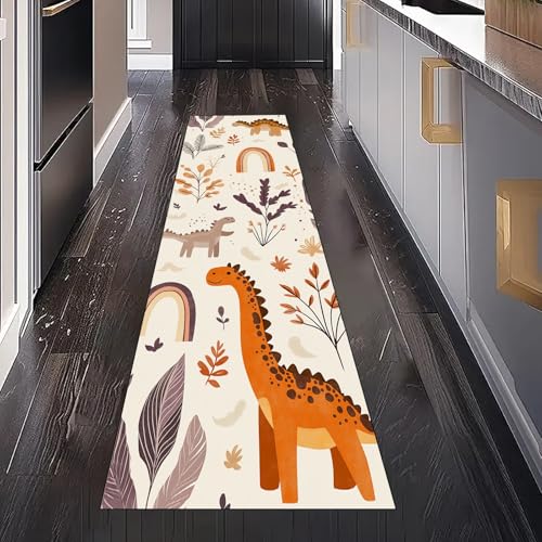 Gaqinhh Cartoon Dinosaurier Teppich Läufer Flur Küchenteppich Waschbar rutschfest 60x120 cm, Kinder Regenbogen Niedlich Blatt Teppichläufer für Bettumrandung Schlafzimmer Küchenläufer Eingangsbereich von Gaqinhh