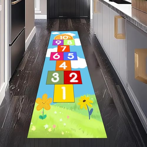 Gaqinhh Cartoon Hüpfspiel Teppich Läufer für Schlafzimmer Wohnzimmer, Niedlich Blume Kinder Zahl Teppichläufer Waschbar rutschfest für Küche Flur Eingangsbereich Bettumrandung Teppiche 60x240 cm von Gaqinhh