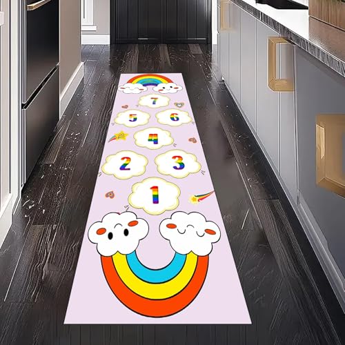 Gaqinhh Cartoon Regenbogen Teppich Läufer für Schlafzimmer Wohnzimmer, Niedlich Wolke Kinder Nummer Teppichläufer Waschbar rutschfest für Küche Flur Eingangsbereich Bettumrandung Teppiche 60x240 cm von Gaqinhh