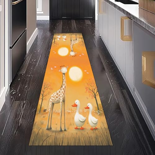 Gaqinhh Cartoon Tiere Giraffe Niedlich Ente Teppichläufer Waschbar rutschfest 60x180 cm, Kinder Wildtiere Küchenteppich Teppich Bettumrandung Schlafzimmer für Flur Eingangsbereich Wohnzimmer Teppiche von Gaqinhh