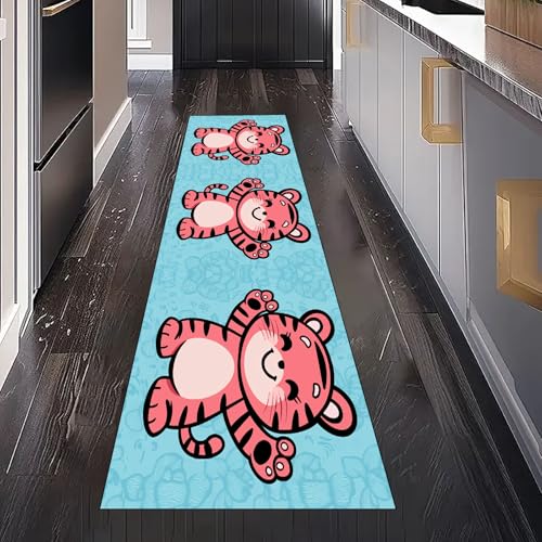 Gaqinhh Cartoon Tiger Teppich Läufer Küchenteppich Waschbar rutschfest 60x300 cm, Niedlich Tier Kinder Wildtiere Teppichläufer für Küche Flur Eingangsbereich Bettumrandung Schlafzimmer Wohnzimmer von Gaqinhh