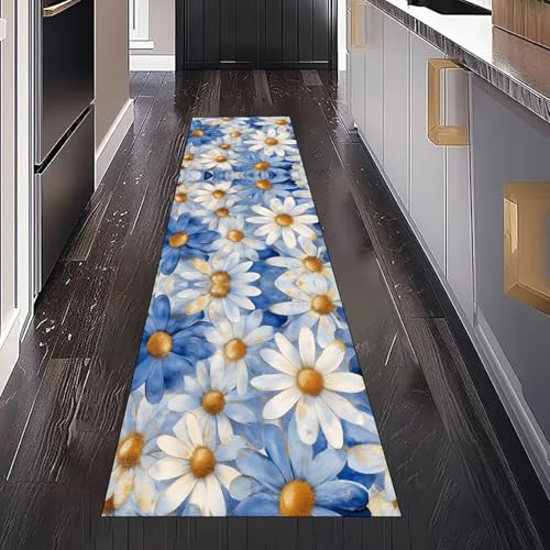 Gaqinhh Gänseblümchen Blumen Teppich Läufer Küchenteppich Waschbar rutschfest 60x300 cm, Aquarell Botanische Floral Teppichläufer für Küche Flur Eingangsbereich Bettumrandung Schlafzimmer Wohnzimmer von Gaqinhh