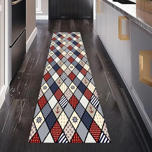 Gaqinhh Geometrie Plaid Spleißen Teppichläufer Waschbar rutschfest 60x180 cm, Nautischer Anker Ruder Küchenteppich Teppich Bettumrandung Schlafzimmer für Flur Eingangsbereich Wohnzimmer Teppiche von Gaqinhh