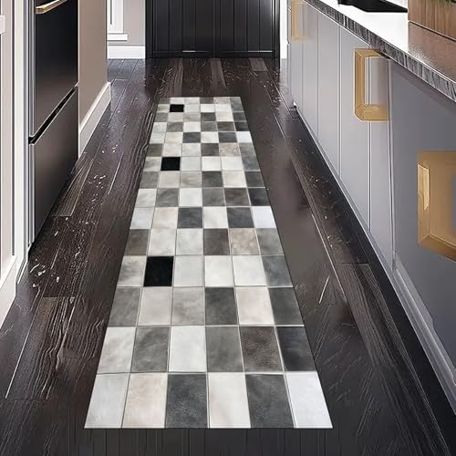 Gaqinhh Grau Schwarz Plaid Teppich Läufer für Schlafzimmer Wohnzimmer, Moderne Ästhetik Kunst Teppichläufer Waschbar rutschfest für Küche Flur Eingangsbereich Bettumrandung Teppiche 60x240 cm von Gaqinhh
