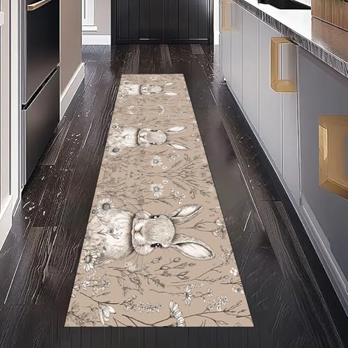 Gaqinhh Handgezeichnet Hase Waldtiere Blume Teppich Läufer Flur Küchenteppich Waschbar rutschfest 60x120 cm, Kinder Tier Teppichläufer für Bettumrandung Schlafzimmer Küchenläufer Eingangsbereich von Gaqinhh