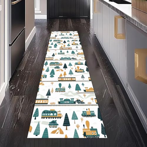 Gaqinhh Karikatur Zug Teppich Läufer Flur Küchenteppich Waschbar rutschfest 60x120 cm, Wald Bäume Teppichläufer für Bettumrandung Schlafzimmer Küchenläufer Eingangsbereich von Gaqinhh