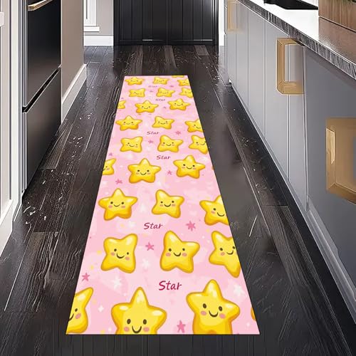 Gaqinhh Kinder Stern Teppich Läufer Flur Küchenteppich Waschbar rutschfest 60x120 cm, Niedlich Smiley Fantasie Pentagramm Teppichläufer für Bettumrandung Schlafzimmer Küchenläufer Eingangsbereich von Gaqinhh