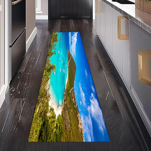Gaqinhh Küsten Strand Boot Teppich Läufer für Küchenteppich Schlafzimmer Wohnzimmer, Meer Natur Landschaft Teppichläufer Waschbar rutschfest für Flur Eingangsbereich Bettumrandung 80x200 cm von Gaqinhh