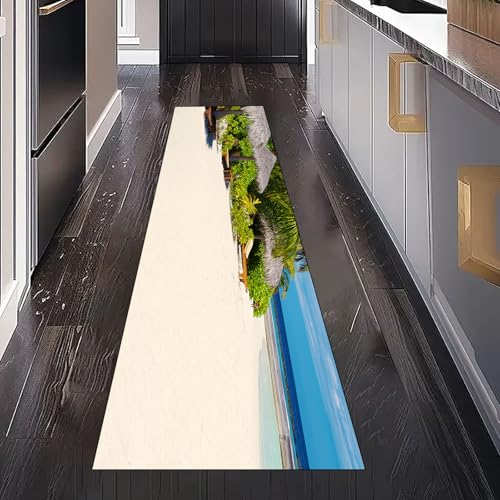 Gaqinhh Küsten Strand Landschaft Teppich Läufer Flur Küchenteppich Waschbar rutschfest 60x120 cm, Tropische Pflanzen Meer Teppichläufer für Bettumrandung Schlafzimmer Küchenläufer Eingangsbereich von Gaqinhh