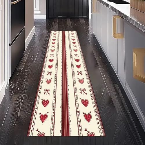 Gaqinhh Liebe Herzform Teppichläufer Waschbar rutschfest 60x180 cm, Retro Pfeil Romantisch Schleife Küchenteppich Teppich Bettumrandung Schlafzimmer für Flur Eingangsbereich Wohnzimmer Teppiche von Gaqinhh