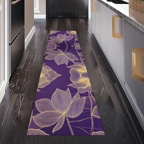 Gaqinhh Lila Lotus Seerose Blumen Teppich Läufer Flur Küche Waschbar rutschfest 60x150 cm, Handgezeichnet Floral Teppiche für Bettumrandung Schlafzimmer Teppichläufer für Küchenläufer Eingangsbereich von Gaqinhh