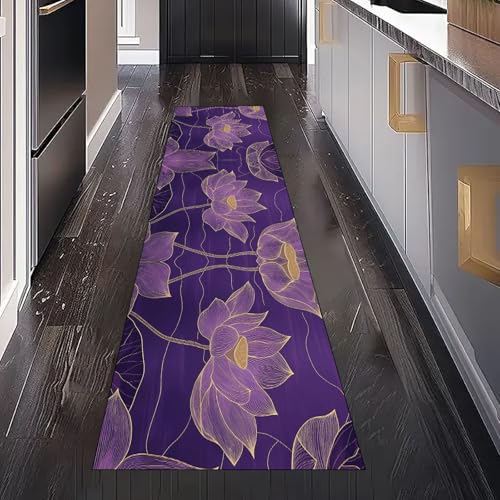 Gaqinhh Lila Lotus Seerose Blumen Teppich Läufer für Schlafzimmer Wohnzimmer, Handgezeichnet Floral Teppichläufer Waschbar rutschfest für Küche Flur Eingangsbereich Bettumrandung Teppiche 60x240 cm von Gaqinhh