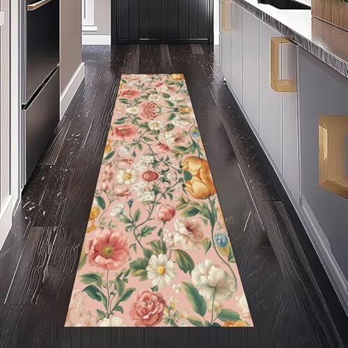 Gaqinhh Mohn Gänseblümchen Blumen Teppichläufer Küchenteppich Waschbar rutschfest 80x150 cm, Pastoral Blumenwiese Blätter Teppich für Bettumrandung Schlafzimmer Flur Eingangsbereich Wohnzimmer Küche von Gaqinhh