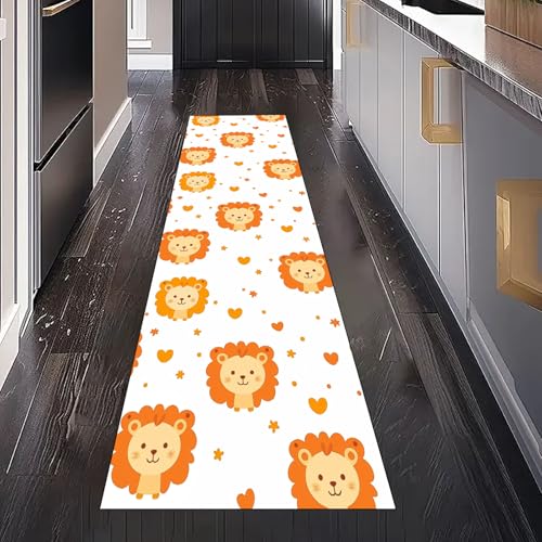 Gaqinhh Niedlich Löwe Teppich Läufer Flur Küche Waschbar rutschfest 60x150 cm, Cartoon Herzform Kinder Tier Teppiche für Bettumrandung Schlafzimmer Teppichläufer für Küchenläufer Eingangsbereich von Gaqinhh