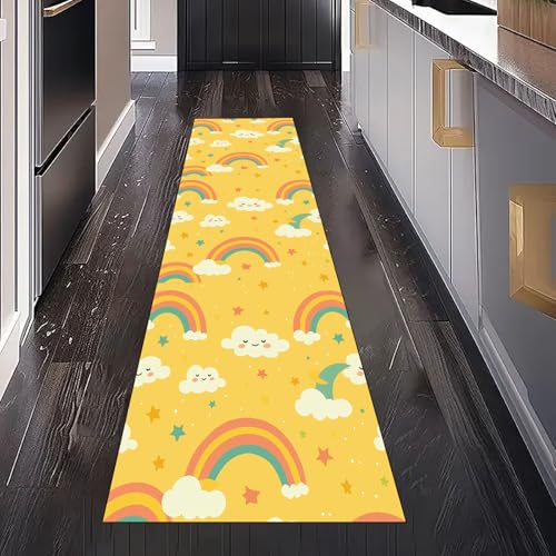 Gaqinhh Niedlich Regenbogen Teppich Läufer Küchenteppich Waschbar rutschfest 60x300 cm, Cartoon Wolke Kinder Stern Teppichläufer für Küche Flur Eingangsbereich Bettumrandung Schlafzimmer Wohnzimmer von Gaqinhh