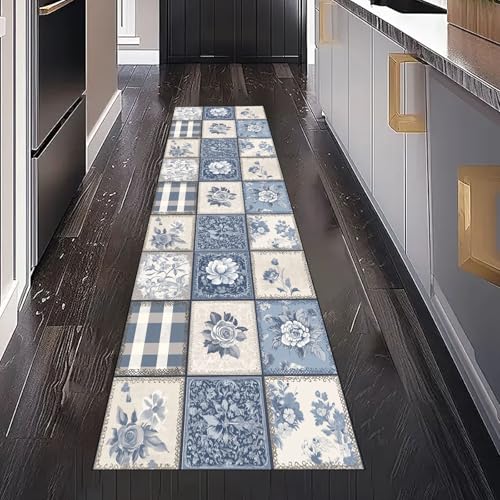 Gaqinhh Pastoral Patchwork Blumen Teppich Läufer Flur Küchenteppich Waschbar rutschfest 60x120 cm, Floral Botanische Plaid Teppichläufer für Bettumrandung Schlafzimmer Küchenläufer Eingangsbereich von Gaqinhh
