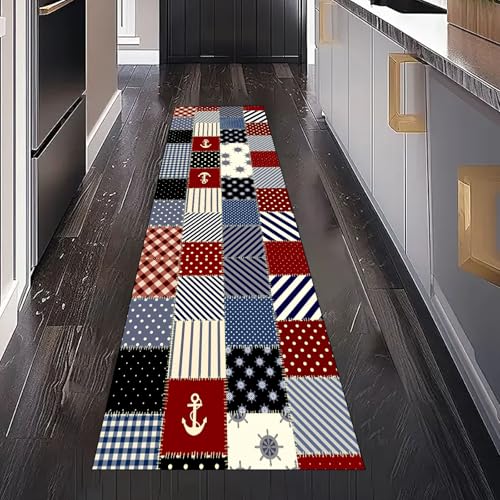 Gaqinhh Patchwork Streifen Tupfen Teppich Läufer Flur Küchenteppich Waschbar rutschfest 60x120 cm, Anker Plaid Linie Teppichläufer für Bettumrandung Schlafzimmer Küchenläufer Eingangsbereich von Gaqinhh
