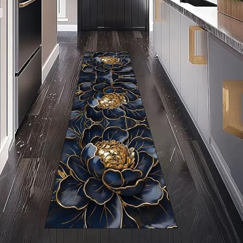 Gaqinhh Pfingstrose Blumen Teppichläufer Küchenteppich Waschbar rutschfest, Golden Luxuriös Floral Teppich Läufer Flur für Bettumrandung Schlafzimmer Eingangsbereich Wohnzimmer 80x250 cm von Gaqinhh